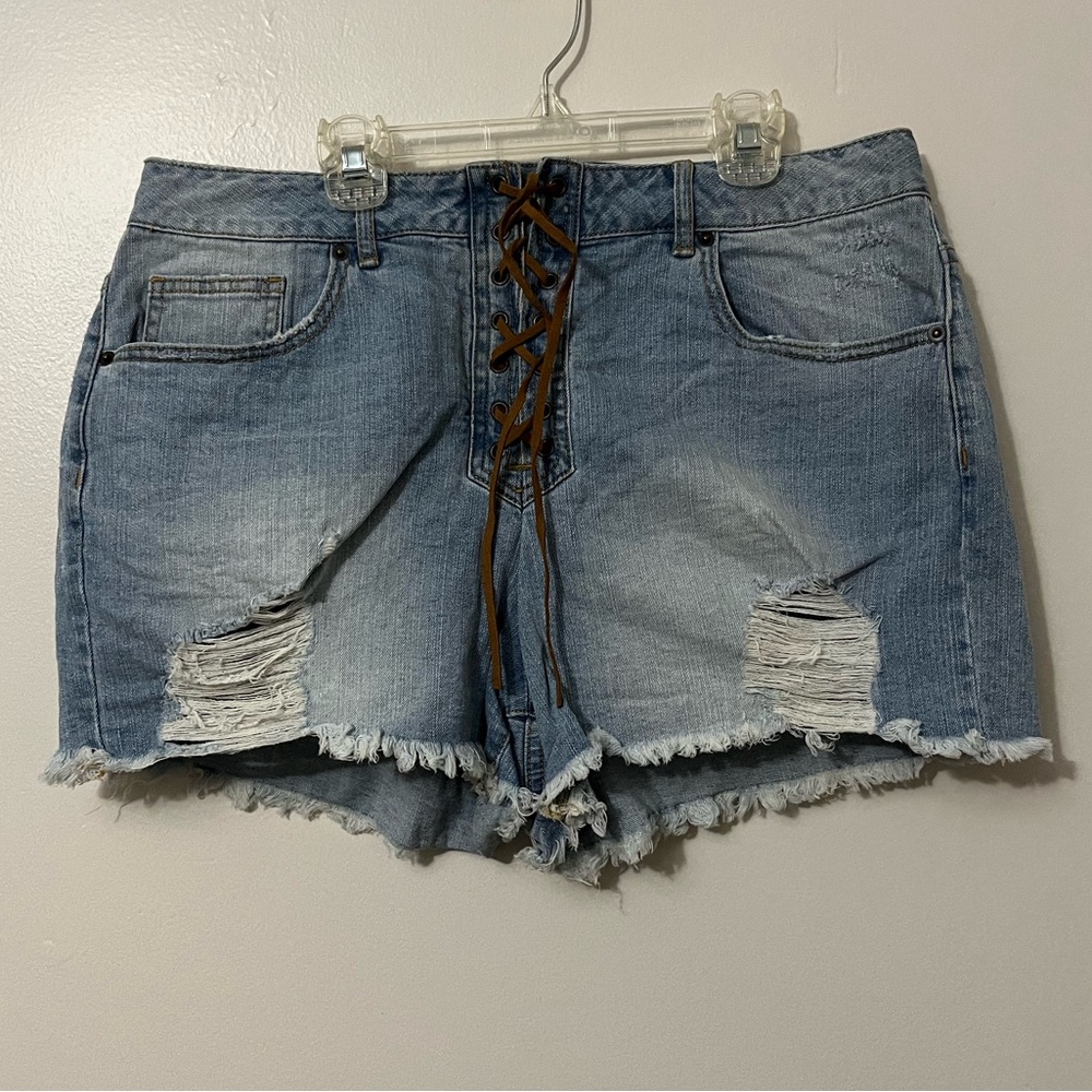 Forever 21 Blue Lace-Up Distressed Jean Shorts